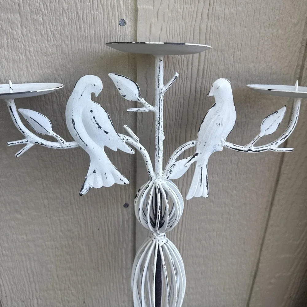 Rustic Wrought Iron 3 Arm Candelabra With Birds White Distressed Cottagecore